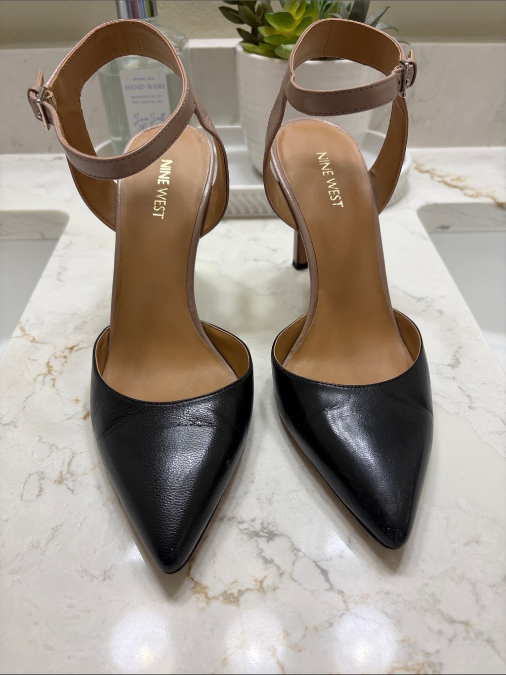 Nine West Black Pointed-Toe Ankle-Strap Pumps with Nude Straps